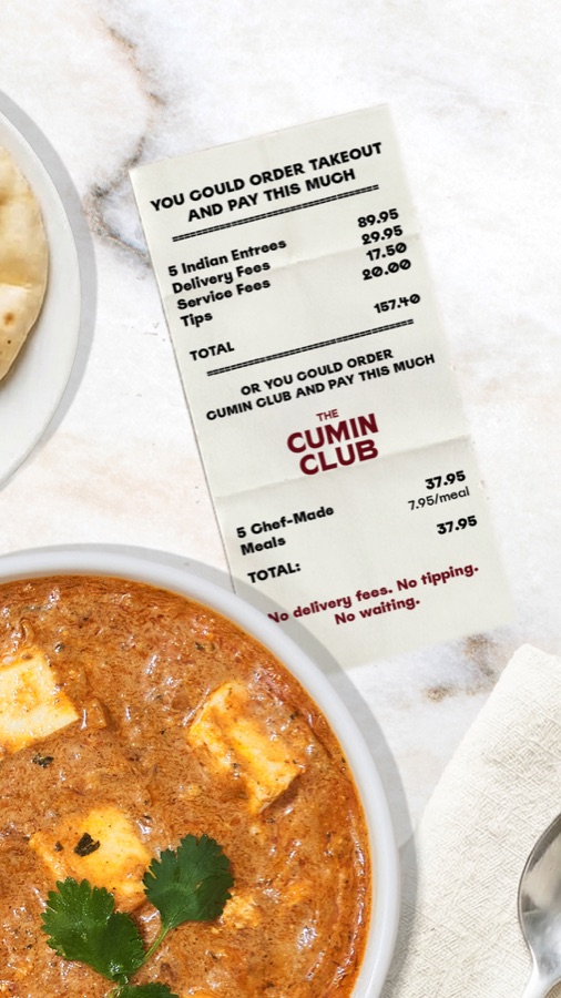 The Cumin Club, takeout receipt versus Cumin Club cost comparison