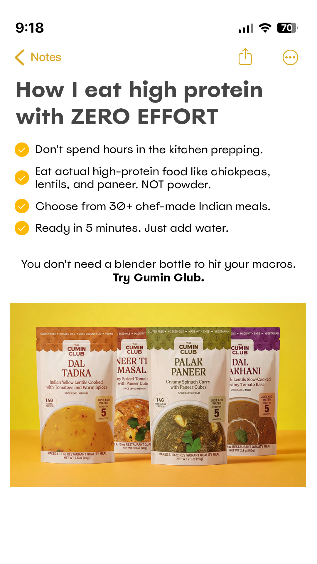 The Cumin Club, Notes-app high-protein hijack