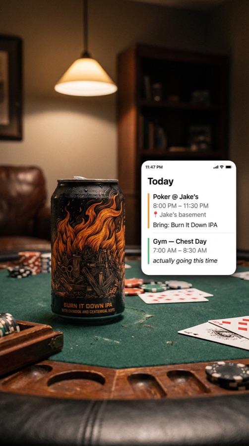 Go Brewing, calendar-app overlay on a poker-night scene