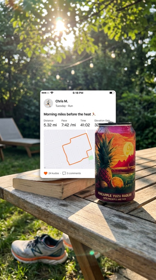 Go Brewing, Strava run overlay on a backyard scene