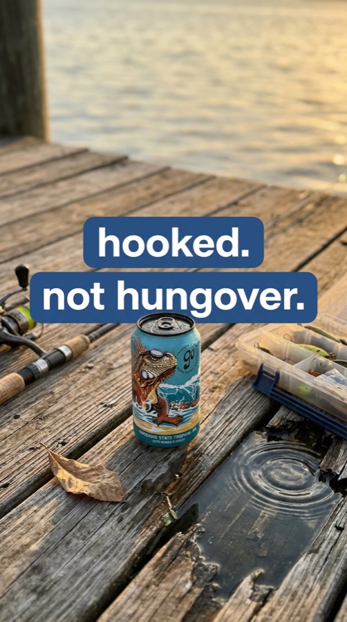Go Brewing, hooked not hungover, can on a fishing dock