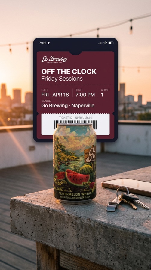 Go Brewing, off the clock Friday sessions wallet ticket on a rooftop