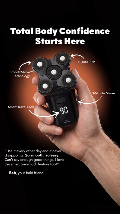Groomie, total body confidence, product render with feature callouts