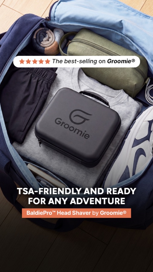 Groomie, TSA-friendly travel case packed in a duffel