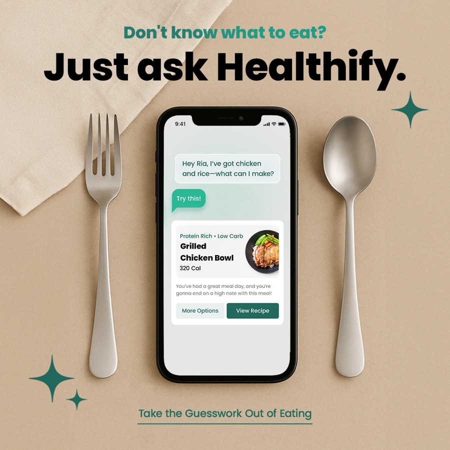 Healthify, just ask Healthify, phone between fork and spoon