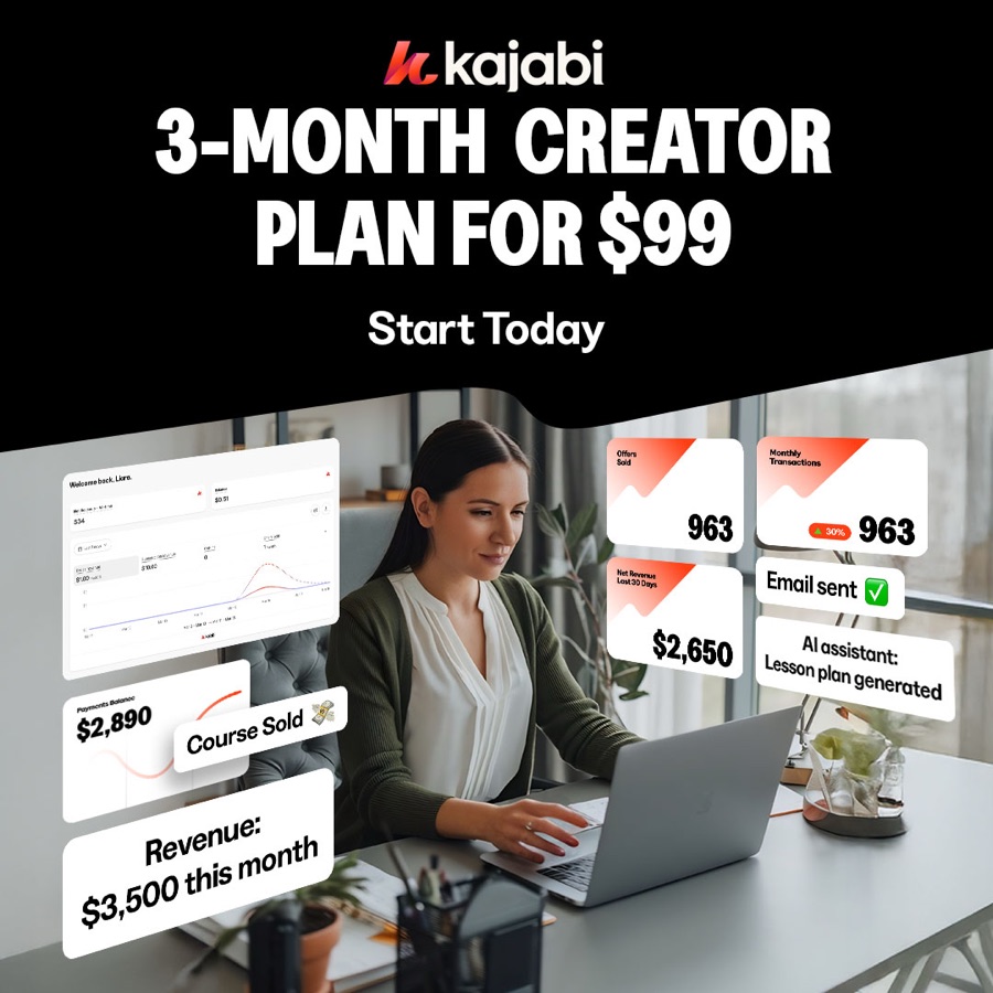 Kajabi, 3-month creator plan for 99 dollars