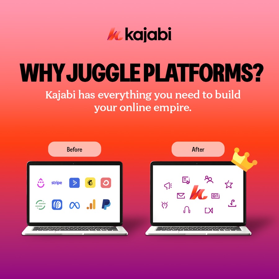 Kajabi, why juggle platforms, before and after laptops