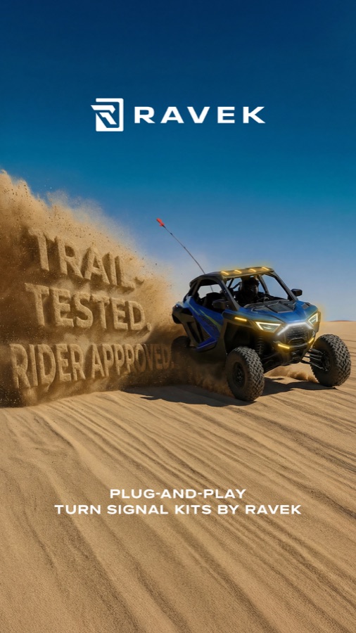 Ravek, trail tested rider approved written in sand behind a UTV
